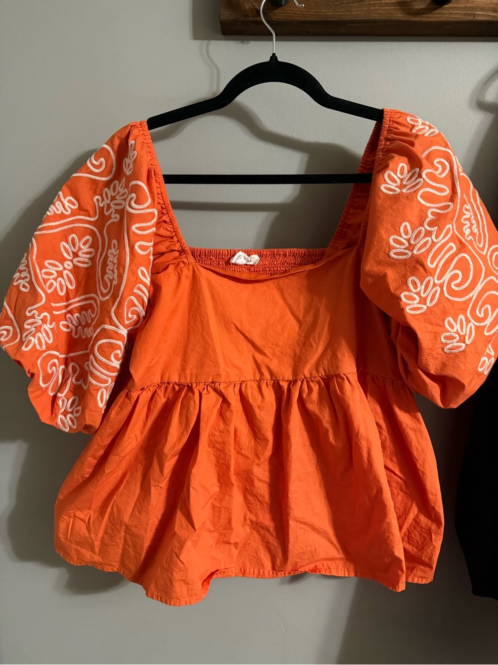 THML Orange Puff-Sleeve Embroidered Peplum Blouse